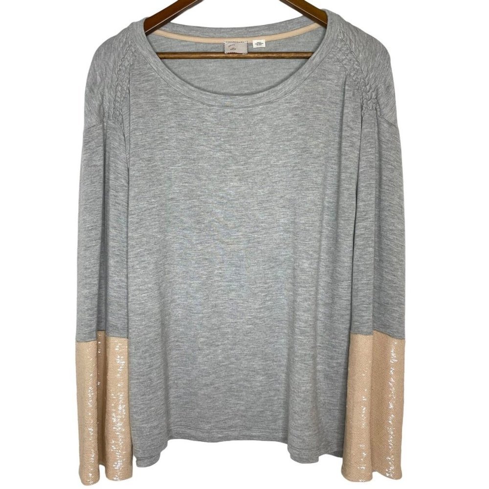 Anthropologie Grey Beige Sequins Long Sleeve Shirt Size Medium Women’s